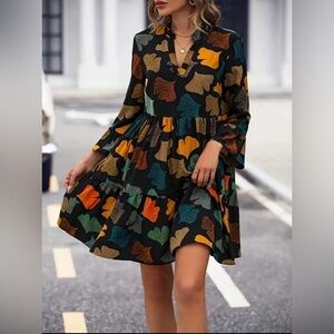 NWT-Leave Print Long sleeve ruffle hem dress
